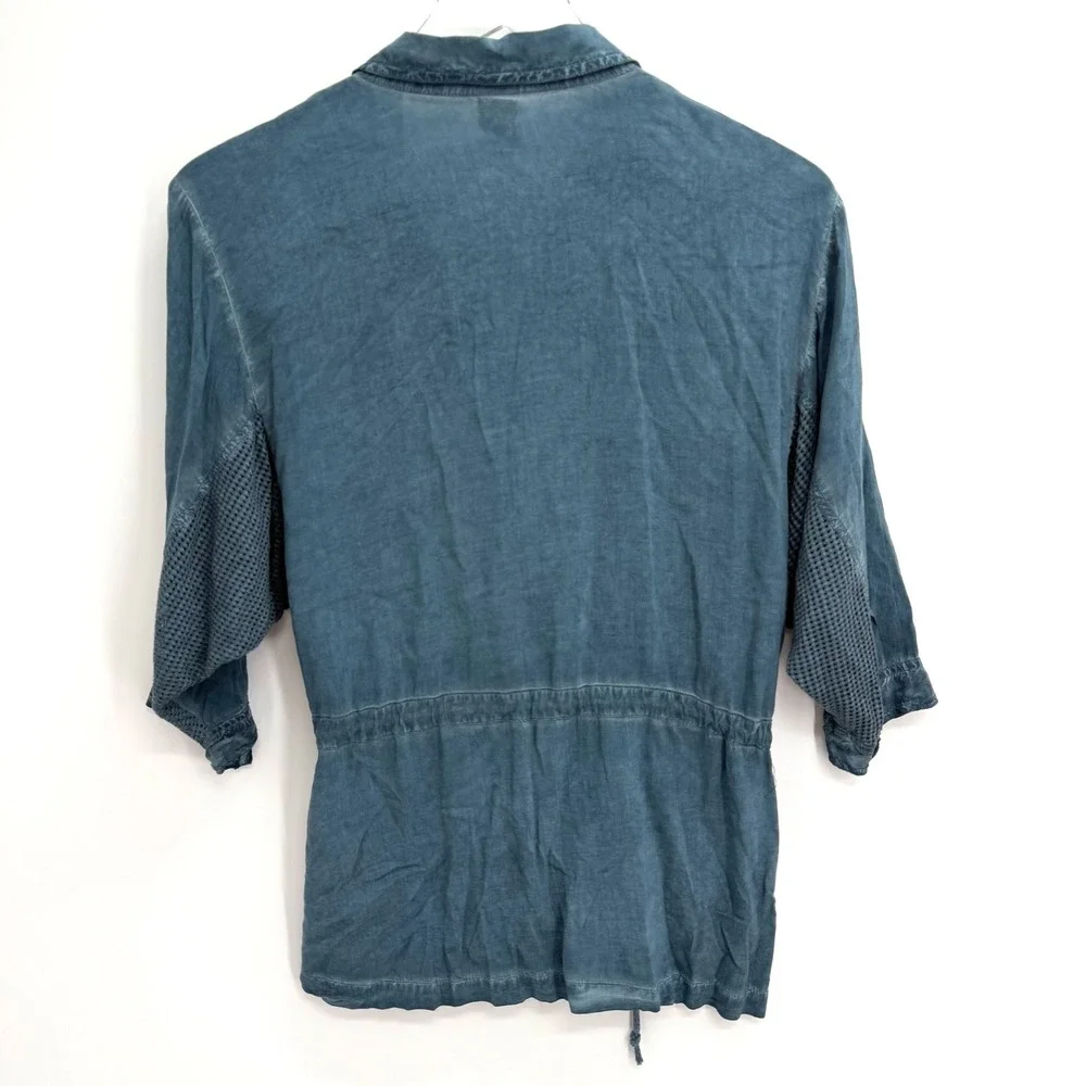 XCVI Lightweight Button Up Jacket Size S Pockets 3/4 Sleeve Blue Cinch Waist